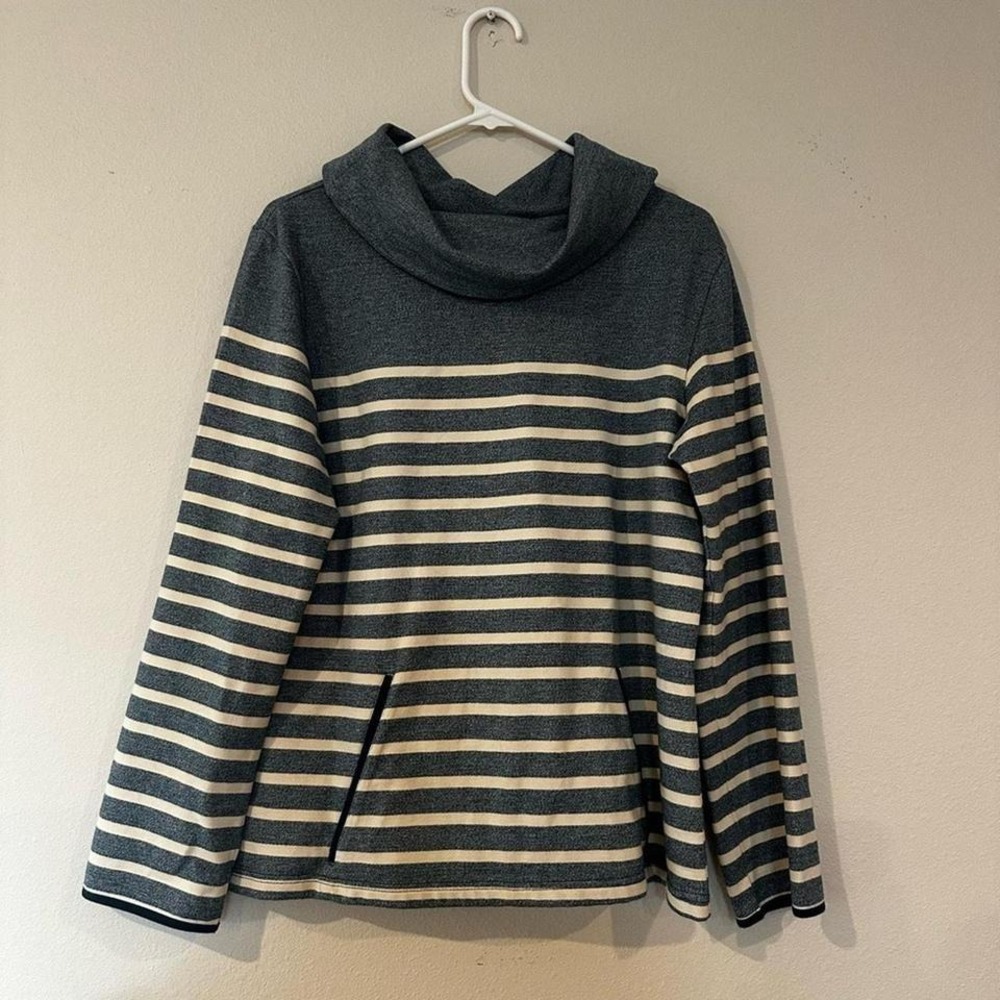 Boutique-brand cowl neck top in a timeless blue and white nautical stripe Sz XL.